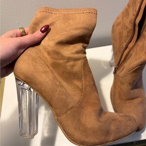 Stylish Tan Suede Ankle Boots with Clear Heels